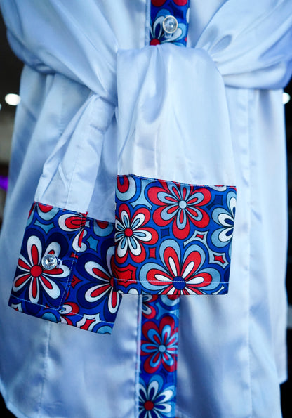 L - Patriotic Floral on White Satin Button Down