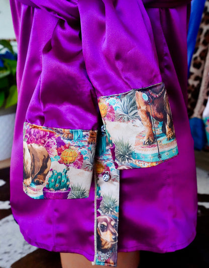 S - Turquoise Dripped Doxies on Magenta Satin Button Down