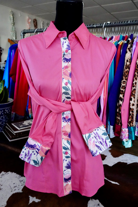 XL - Plum & Coral Floral on Hot Coral Button Down