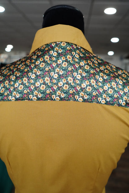 S - Tiny Autumn Floral on Mustard Cotton Button Down
