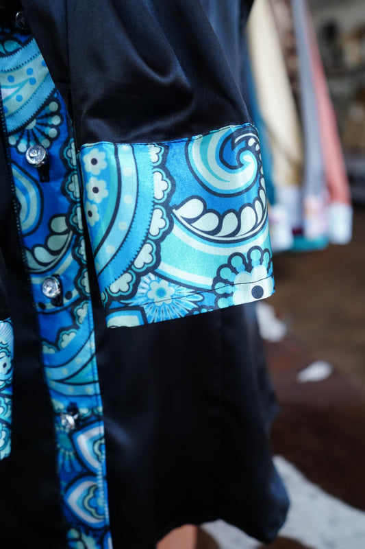 M - Blue Paisley on Black Satin Button Down