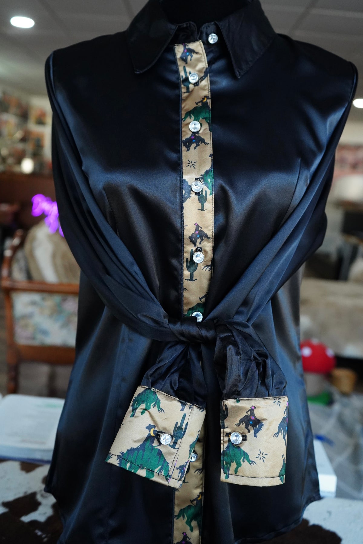 L - Space Cowboys on Black Satin Button Down