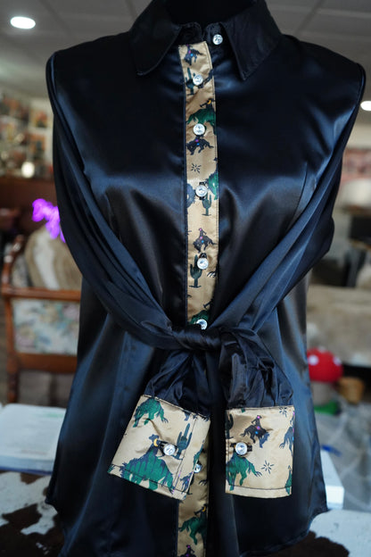 L - Space Cowboys on Black Satin Button Down