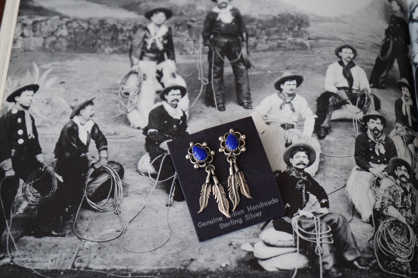 Vintage Lapis Lazuli Stud Earrings w/ Silver Feather Dangles