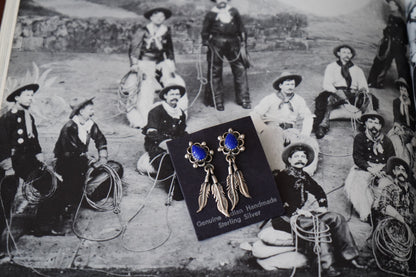 Vintage Lapis Lazuli Stud Earrings w/ Silver Feather Dangles