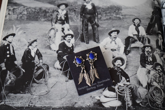Vintage Lapis Lazuli Stud Earrings w/ Silver Feather Dangles