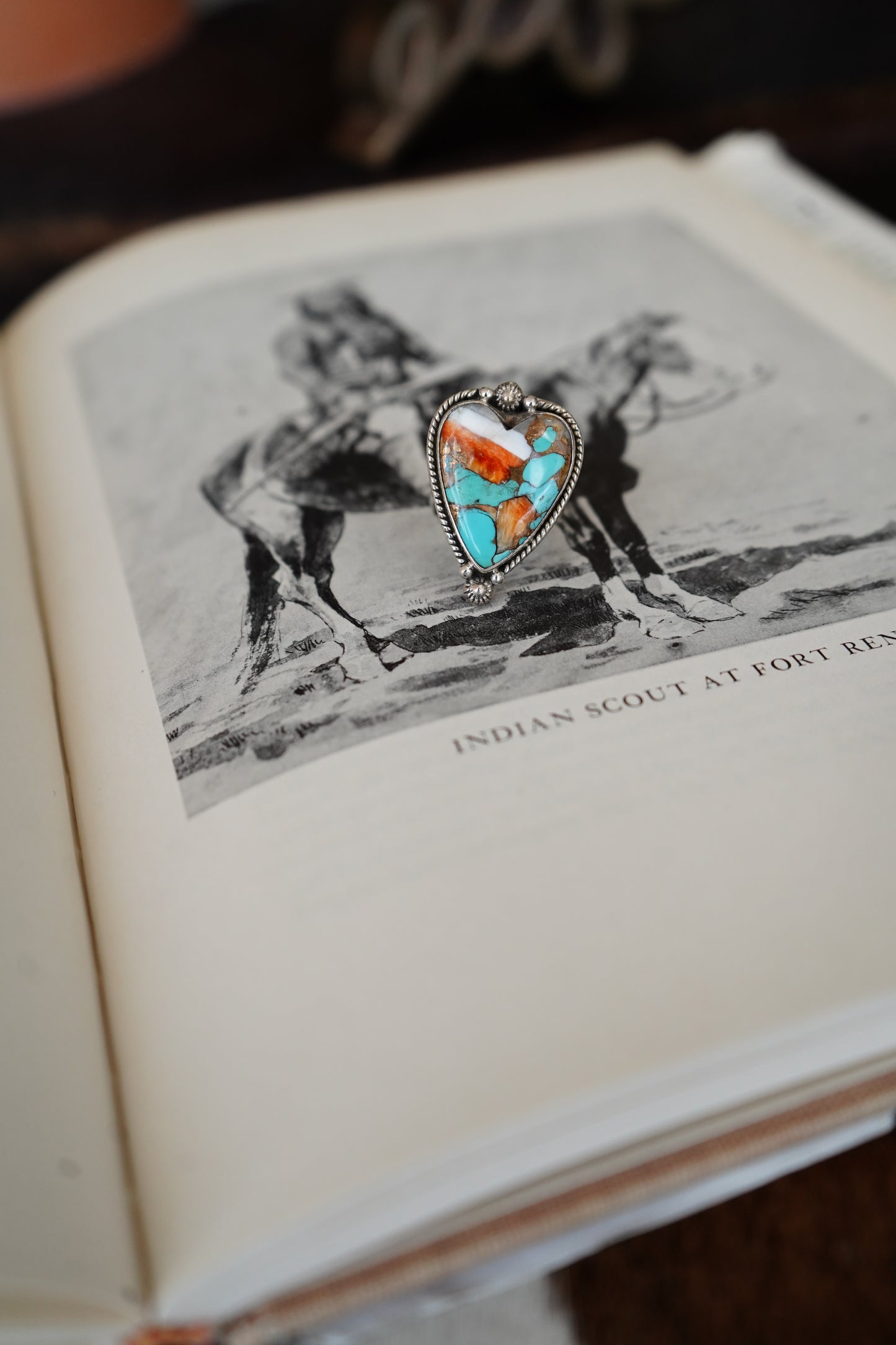 Orange Spiny Oyster & Turquoise Heart Ring - Adj