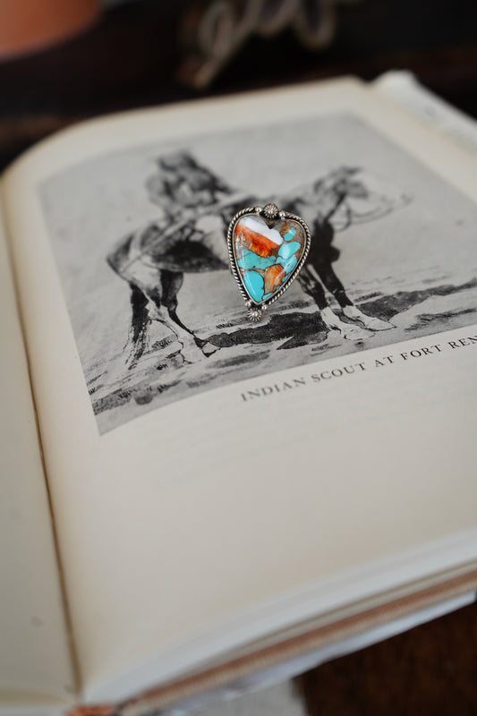 Orange Spiny Oyster & Turquoise Heart Ring - Adj