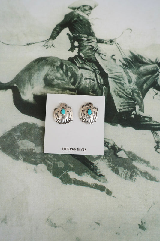 Jerold Joe Kingman Turquoise Thunderbird Stud Earrings