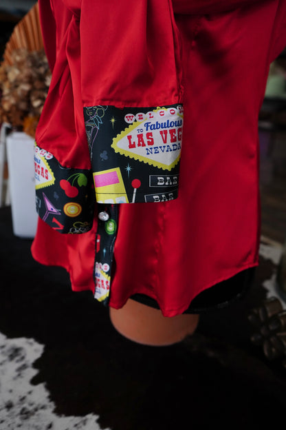L - Red Satin w/ Black Vegas Button Down