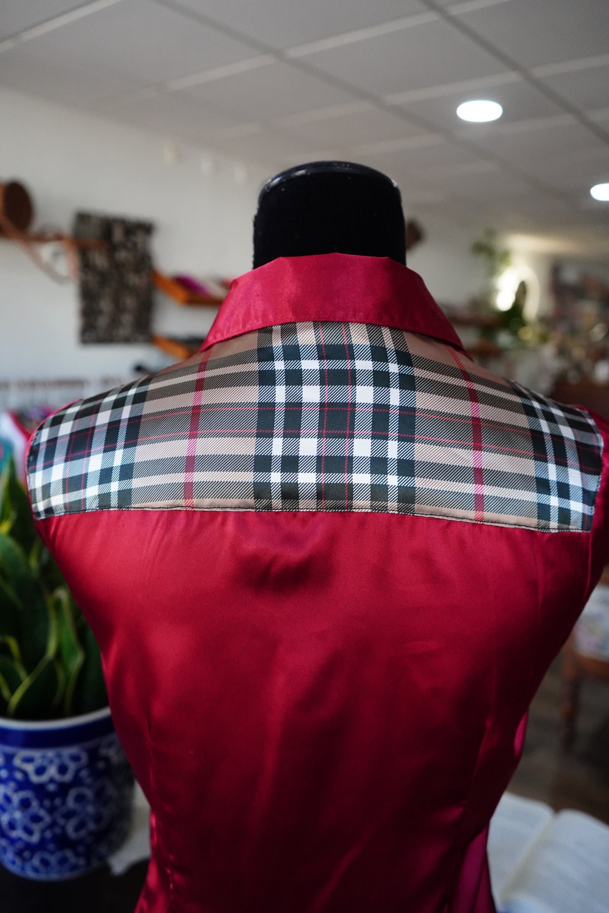 M - Tan & Black Plaid on Red Satin Button Down