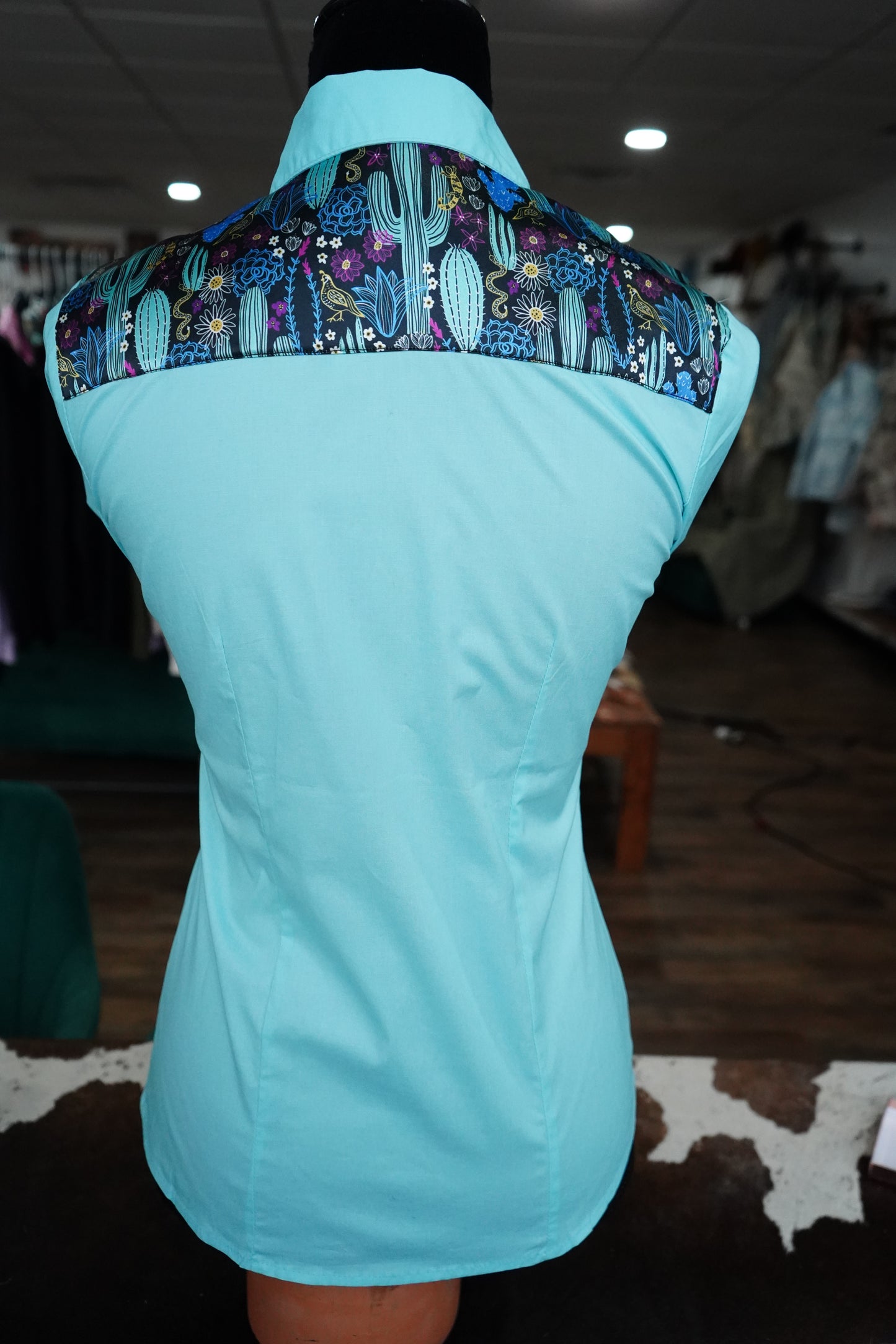 S - Magenta & Turquoise on Baby Blue Cotton Button Down