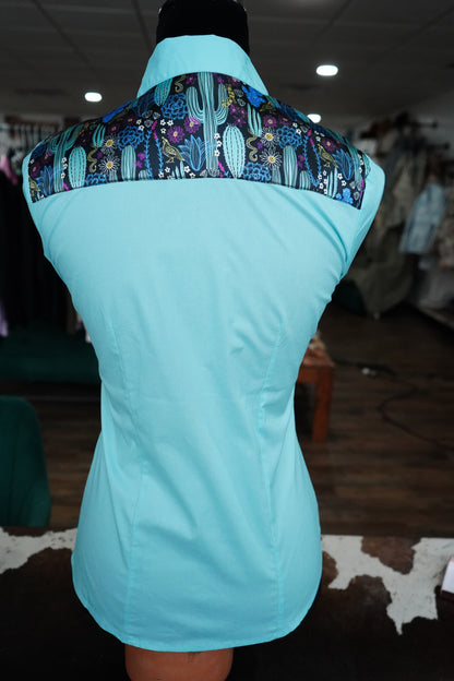 S - Magenta & Turquoise on Baby Blue Cotton Button Down