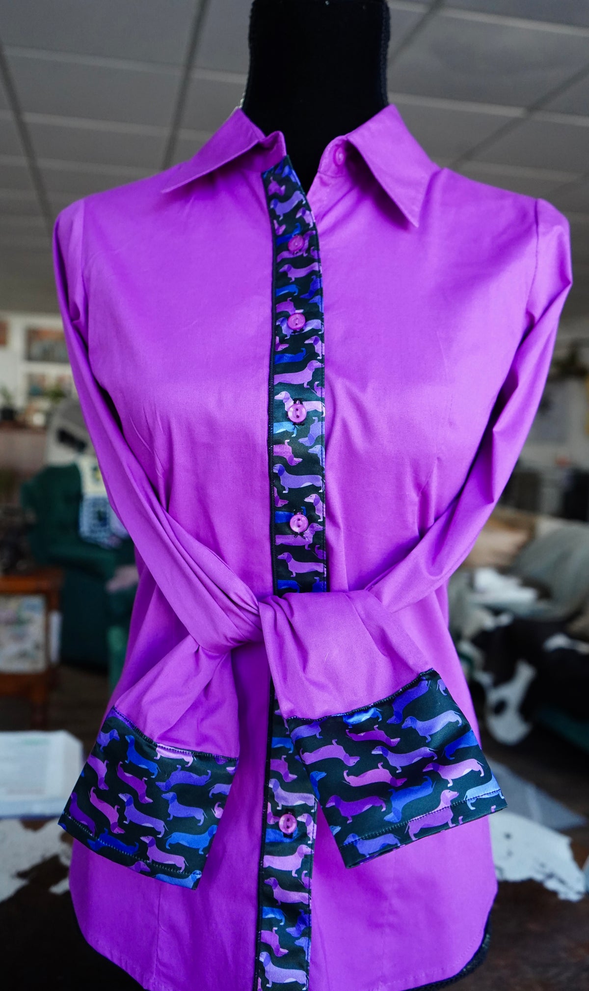 M - Purple Weenie Dawgs on Magenta Cotton Button Down