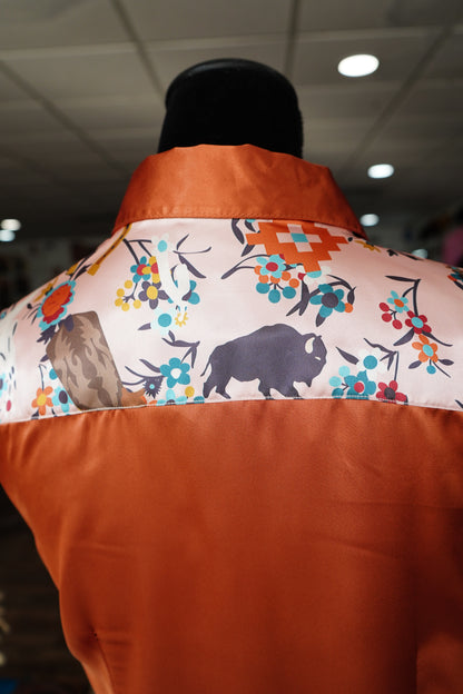 M - Light Pink Western Floral on Rust Satin Button Down