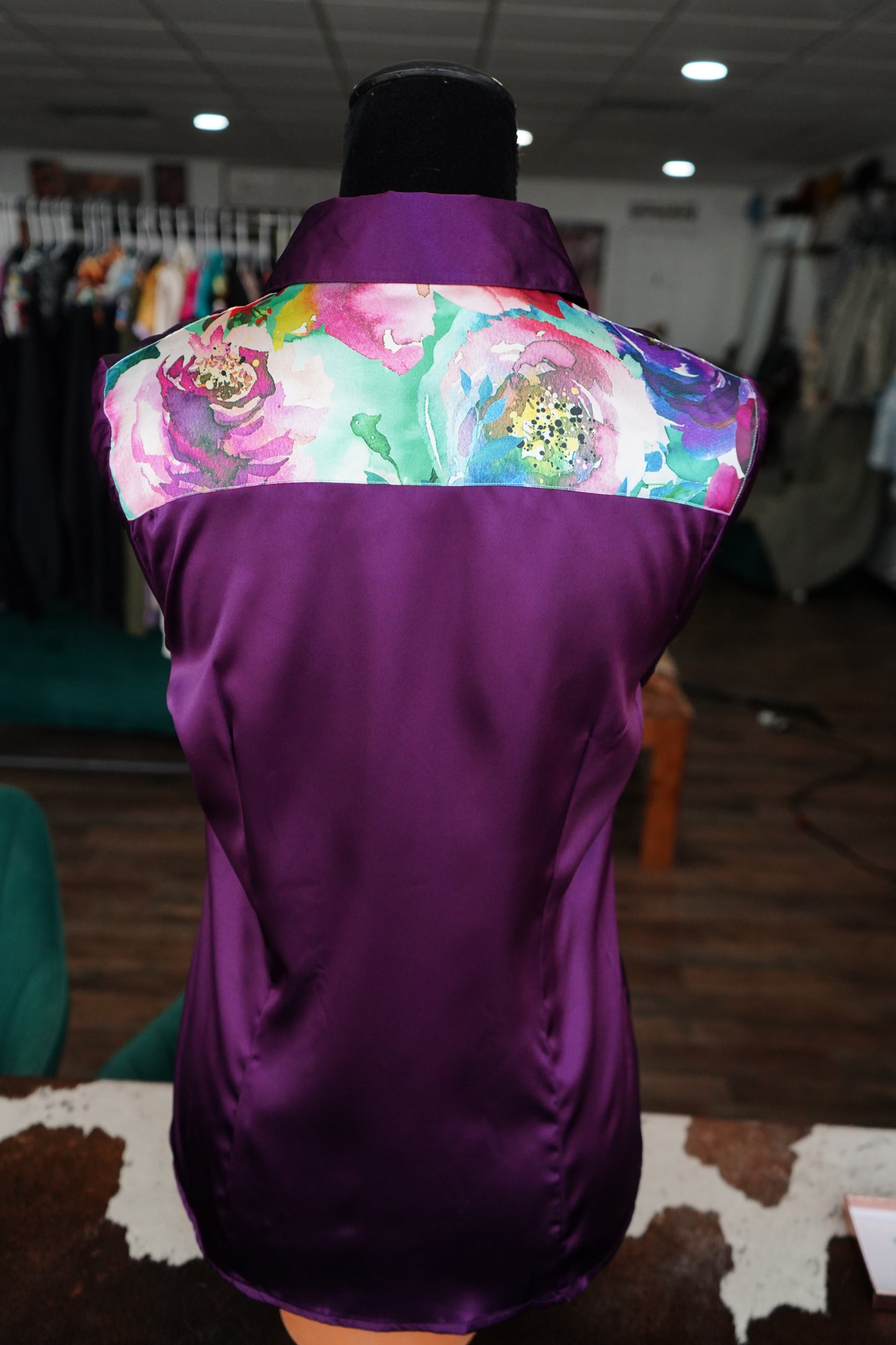 L - Watercolor Floral on Purple Satin Button Down