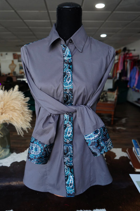XL - Teal & Grey Paisley on Gray Cotton Button Down