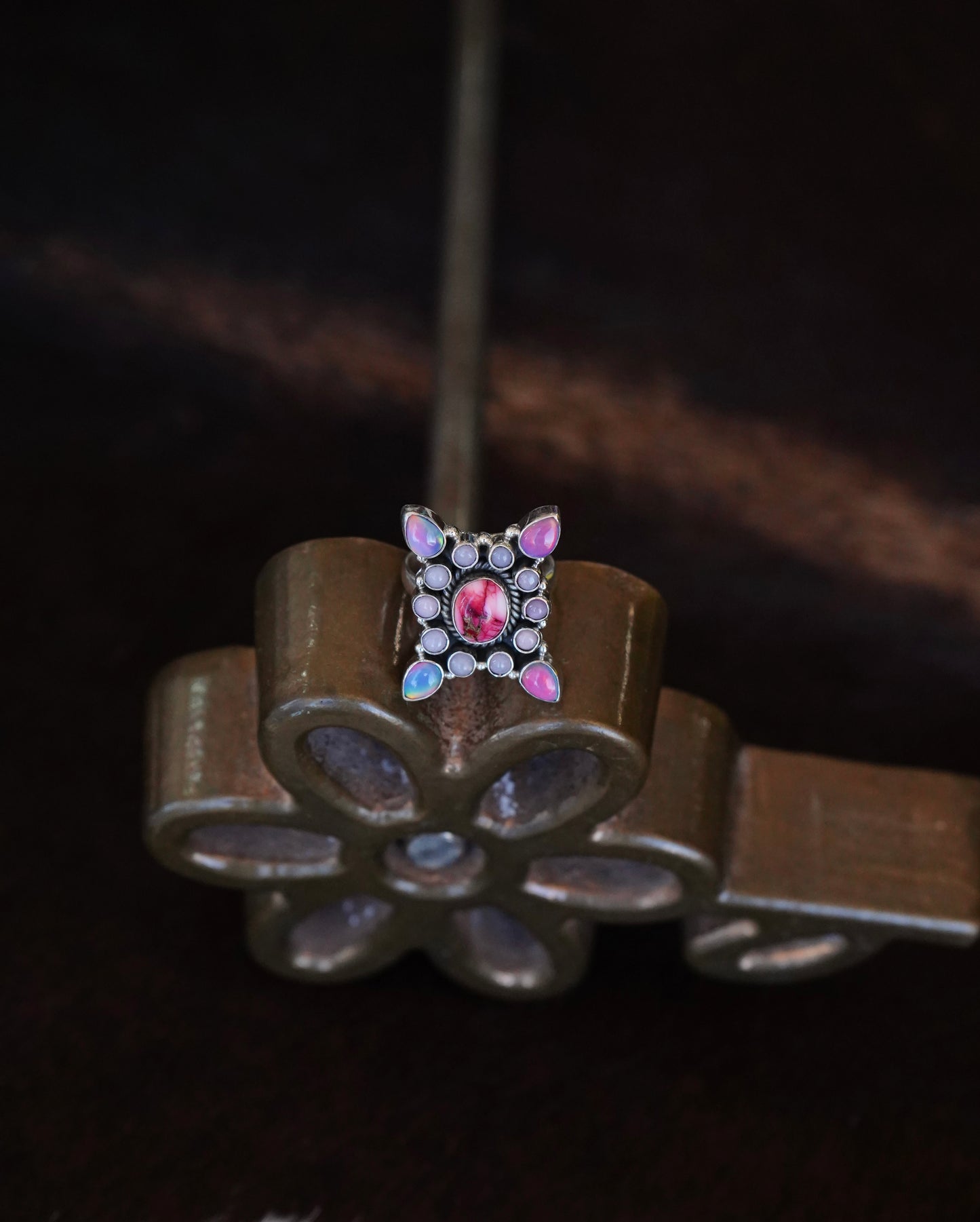 Rose Dahlia & Multi-Opal Stone Cluster Ring - Sz 8