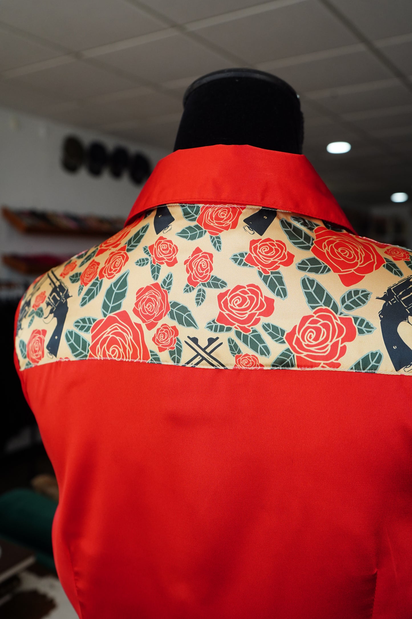 L - Pistols & Roses on Red Satin Button Down