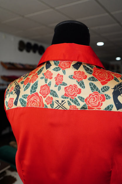 L - Pistols & Roses on Red Satin Button Down
