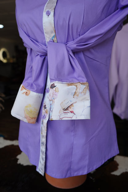 M - Raisin’ Cow Kids on Lavender Cotton Button Down