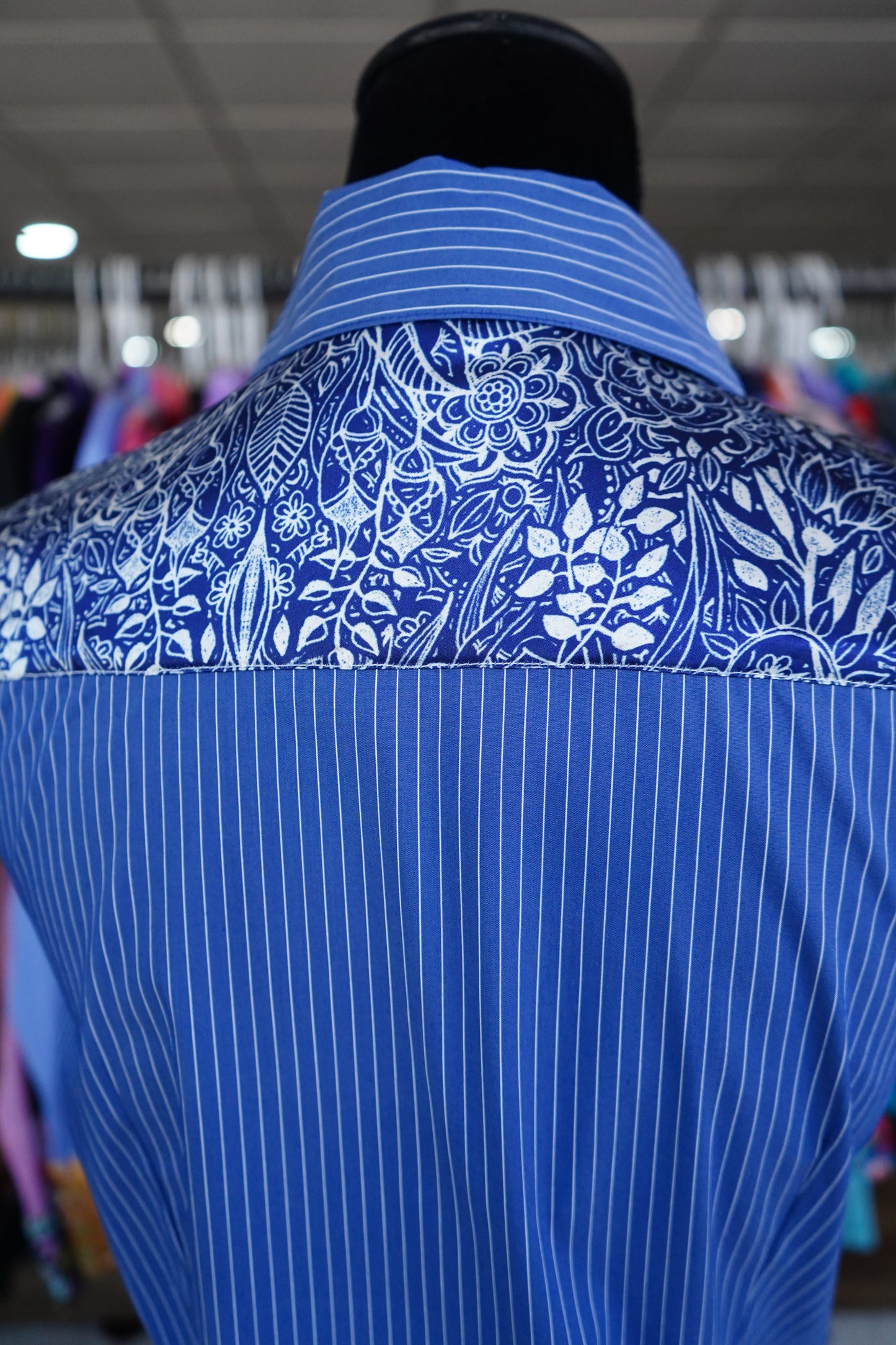 M - Indigo Bohemian on Denim Stripe Cotton Button Down
