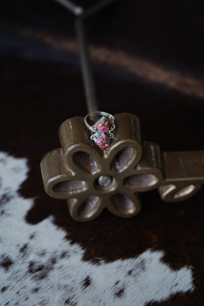 2 Stone Pink Dahlia w/ Silver Swirls Ring - Adj