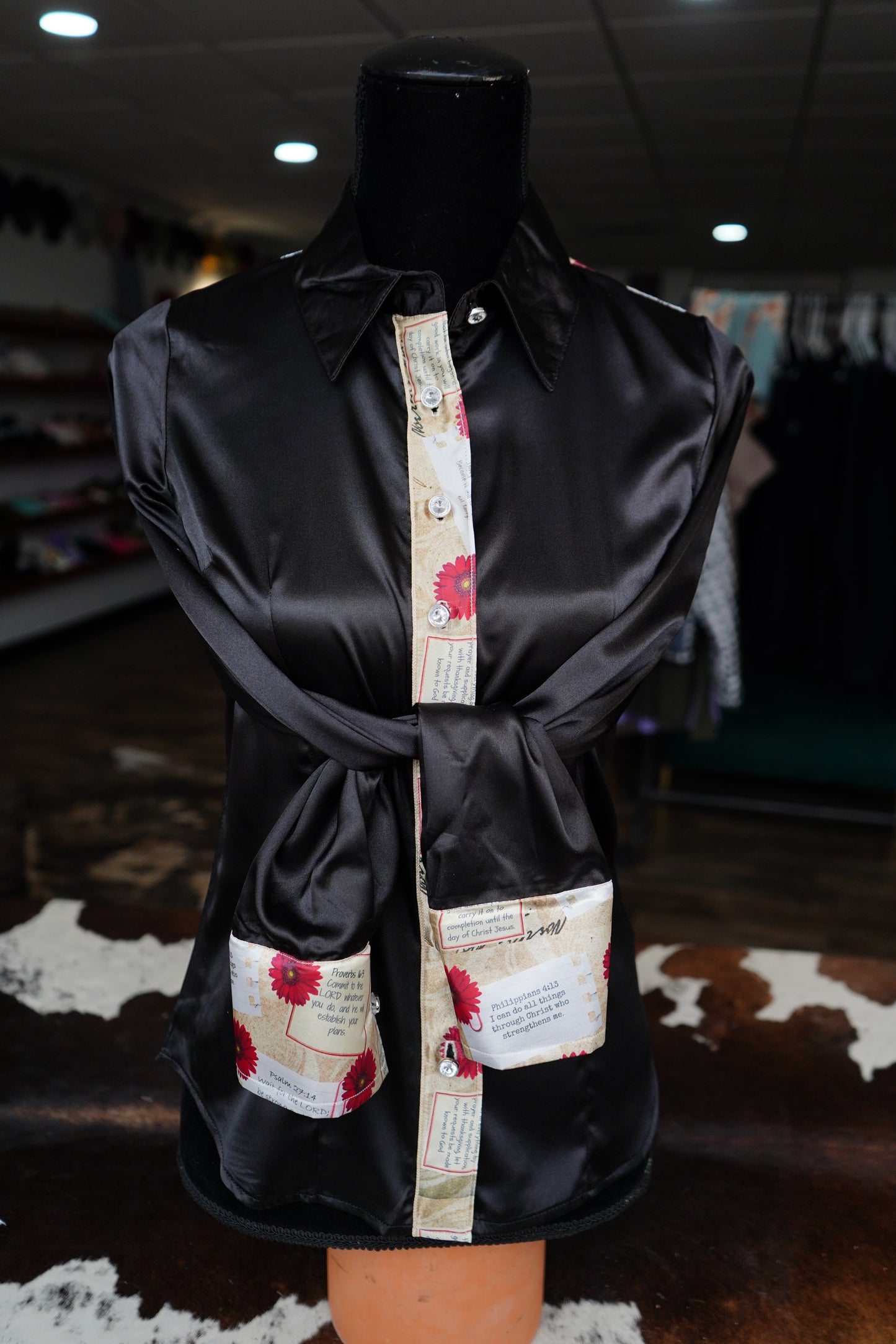 S - Postcard Scripture on Black Satin Button Down