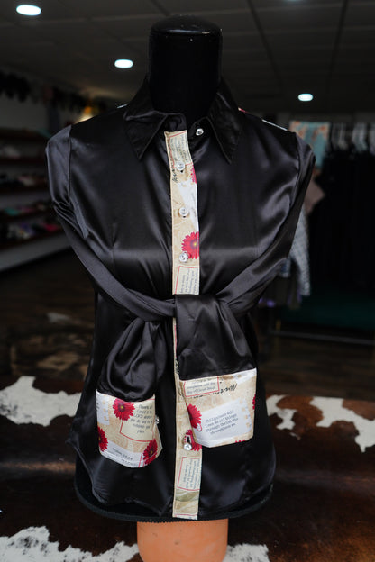 S - Postcard Scripture on Black Satin Button Down