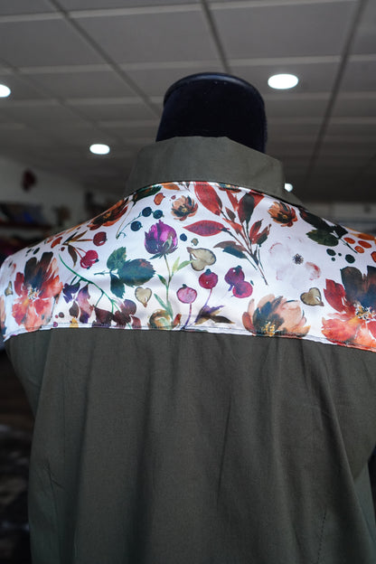 PRELOVED - XL - Watercolor Autumn Floral on Olive Cotton Button Down