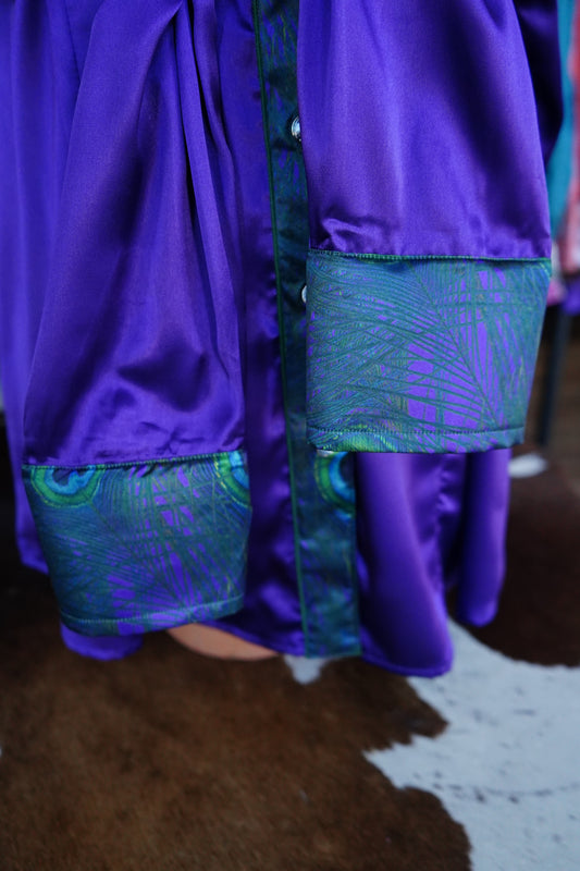 3XL - Peacock Feathers on Purple Satin Button Down