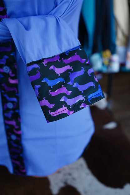 S - Purple Weenie Dawgs on Lilac Cotton Button Down
