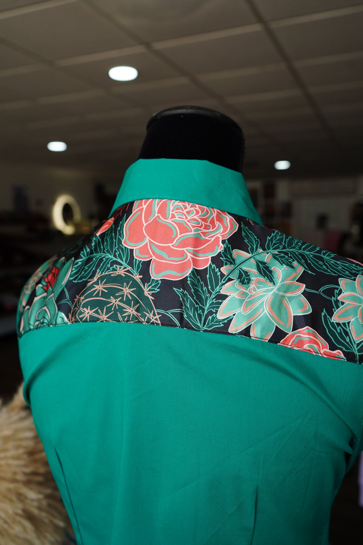 S - Succulents & Roses on Emerald Cotton Button Down