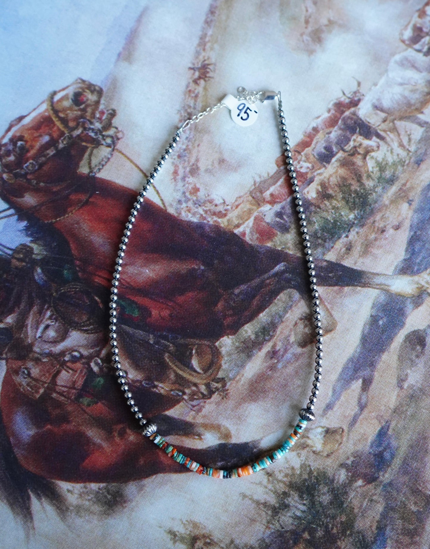 Sterling Silver Pearls w/ Turquoise & Orange Soiny Heishi Beads - 14”