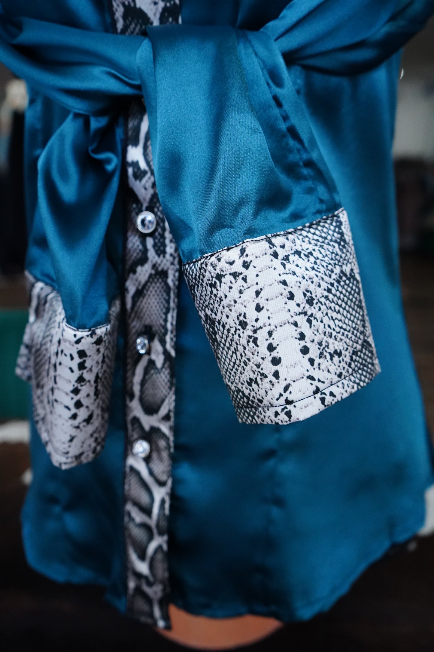 S - Snakeskin on Teal Satin Button Down
