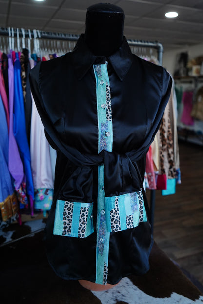 S - Cheetah Turquoise Brushstrokes on Black Satin Button Down