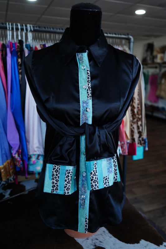 S - Cheetah Turquoise Brushstrokes on Black Satin Button Down