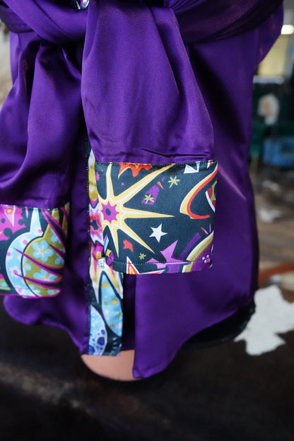 L - Groovy Space on Dark Purple Satin Button Down