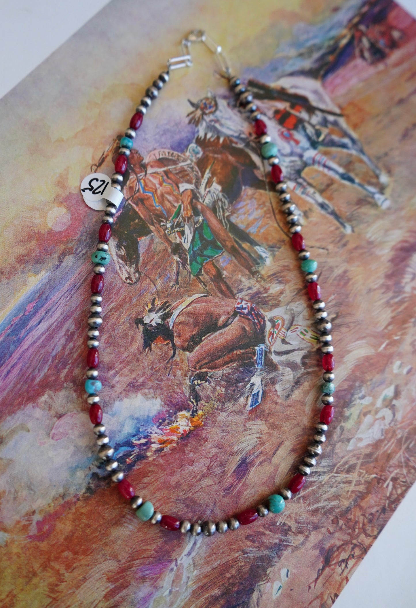 Sterling Silver Pearls w/ Red Coral & Turquoise Necklace - 16”