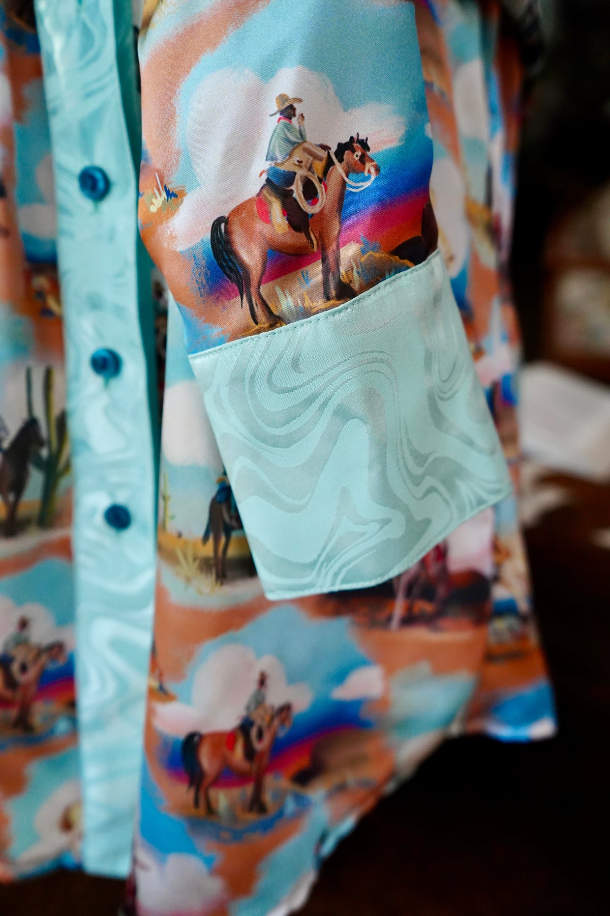 Daisy Original Painted Cowboy Scenes w/ Turquoise Groovy Button Down - Size 16