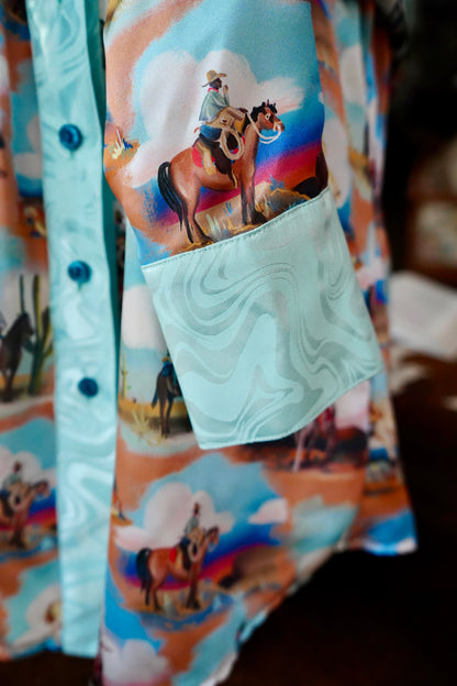 Daisy Original Painted Cowboy Scenes w/ Turquoise Groovy Button Down - Size 16