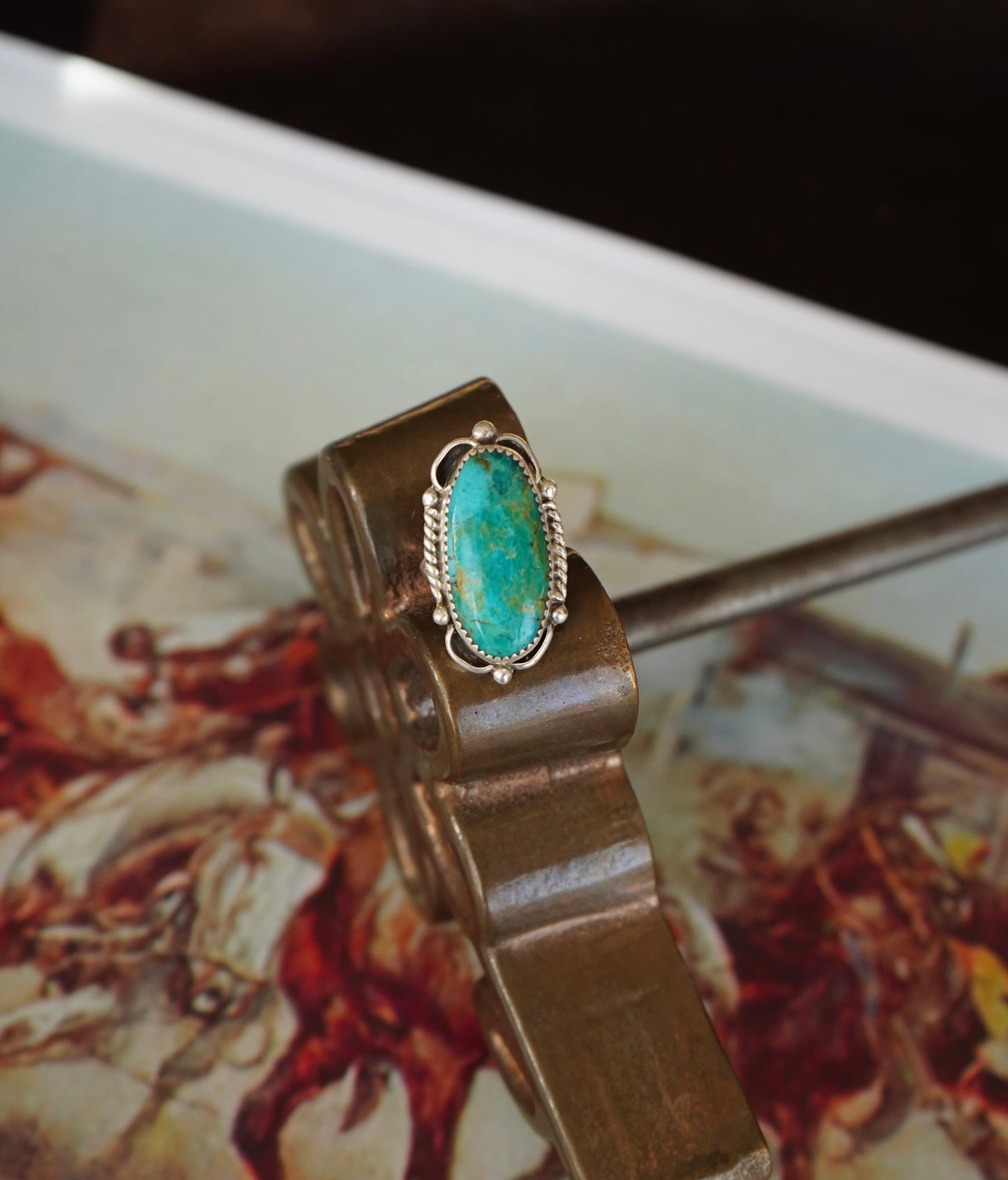 Kingman Turquoise Ring w/ Shell & Rope Boarder - Sz 5