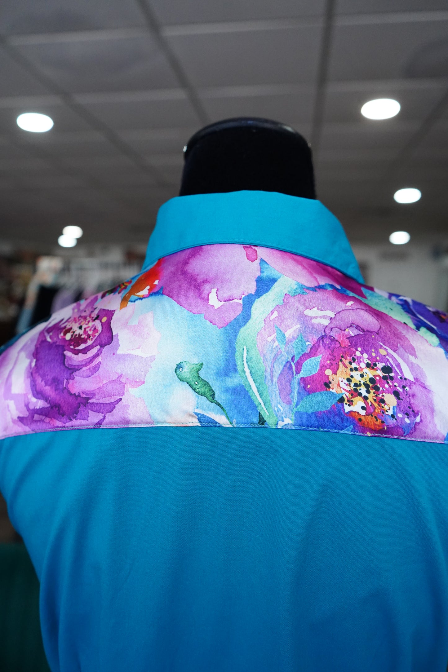 L - Watercolor Floral on Teal Cotton Button Down