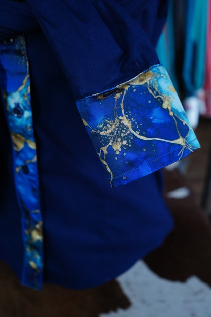 L - Blue & Navy Watercolor on Navy Cotton Button Down