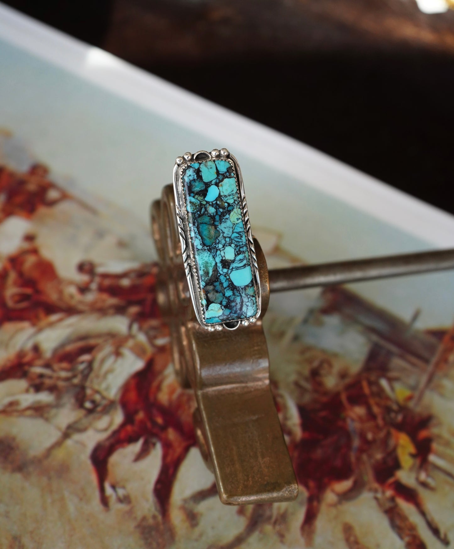 Mohave Blue Turquoise Long Rectangle Bar Ring - Sz 9