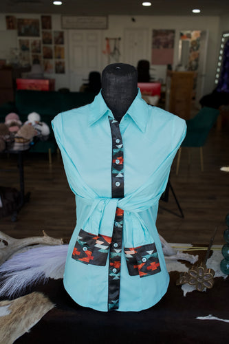 S - Teal & Rust Woven Aztec on Turquoise Cotton Button Down