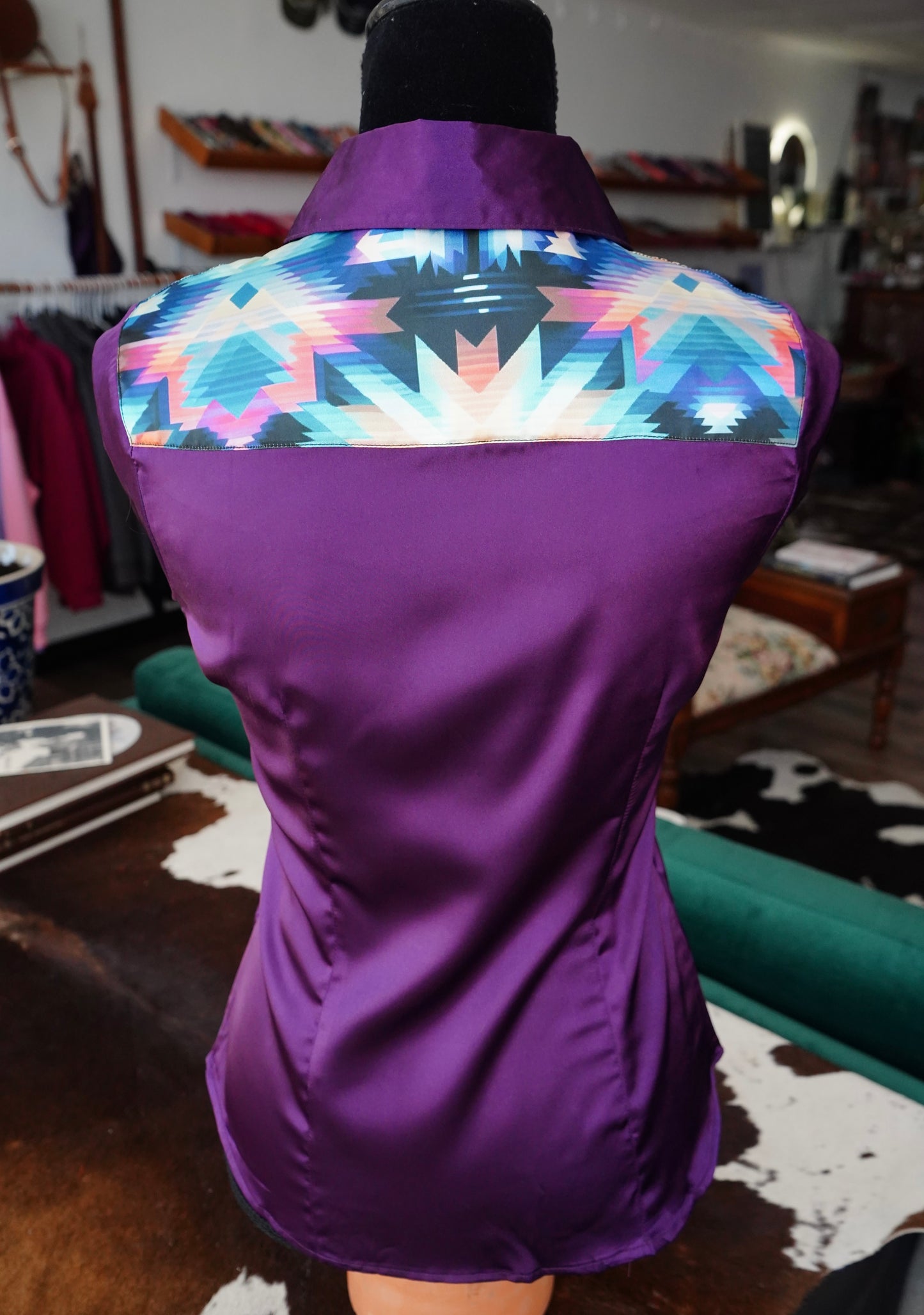 S - Kaleidescope on Purple Satin Button Down