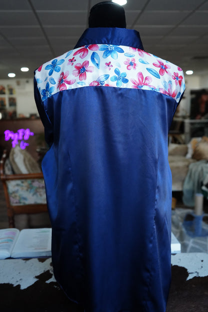 3XL - Watercolor Patriotic Floral on Navy Satin Button Down