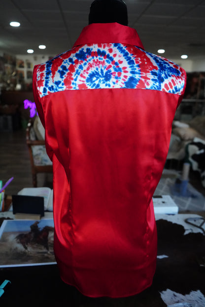 L - Patriotic Tie Dye on Red Satin Button Down