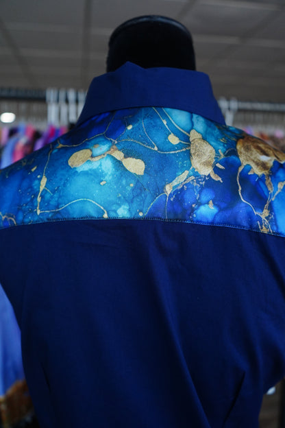 L - Blue & Navy Watercolor on Navy Cotton Button Down